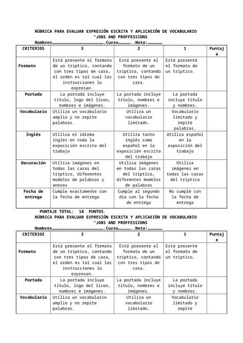 Docx R Brica Para Evaluar Expresi N Escrita Y Aplicaci N De