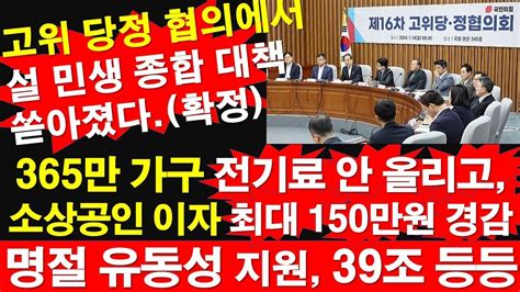 확정 당정 협의에서 설 민생 대책 쏟아졌다 365만 가구 전기료 안 올리고 소상공인 이자 최대 150만원 경감 명절