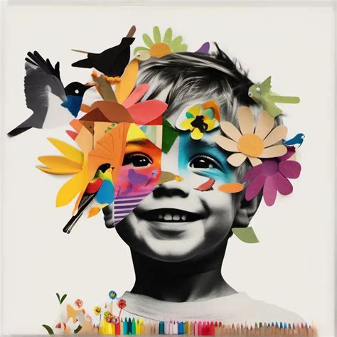 Cheerful Boy Surrounded By Colorful Flowers And Birds In Paper Collage