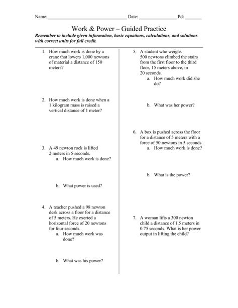 Work And Power Calculations Worksheet