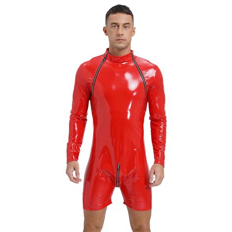 Men S Patent Leather Wet Look Bodysuit Lingerie Long Sleeve Leotard Catsuit EBay