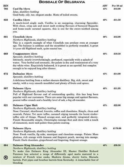 Menu at Boisdale of Belgravia restaurant, London