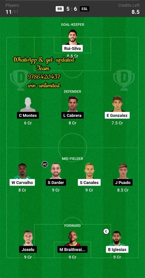 Rb Vs Esl Dream Team Fantasy Prediction La Liga