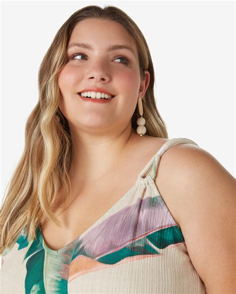 Riachuelo Vestido Plus Size Feminino Evasê Alça Fina Folhagem Khaki