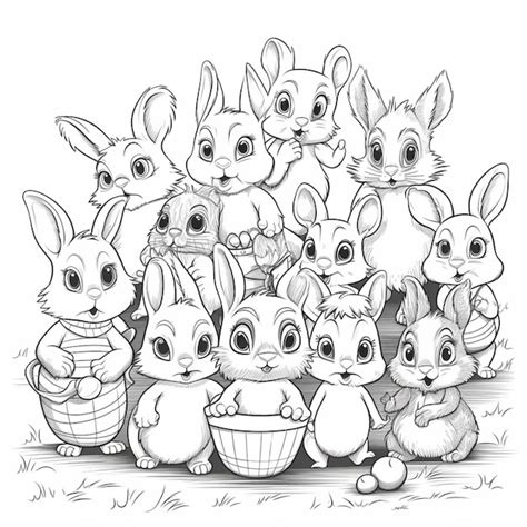 Un Dessin Au Trait Noir Et Blanc D Un Groupe De Lapins Photo Premium