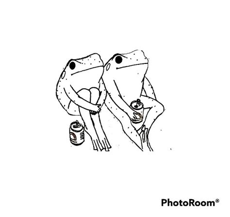 Two Frogs Sitting On Top Of Each Other With Cans In Their Hands And One