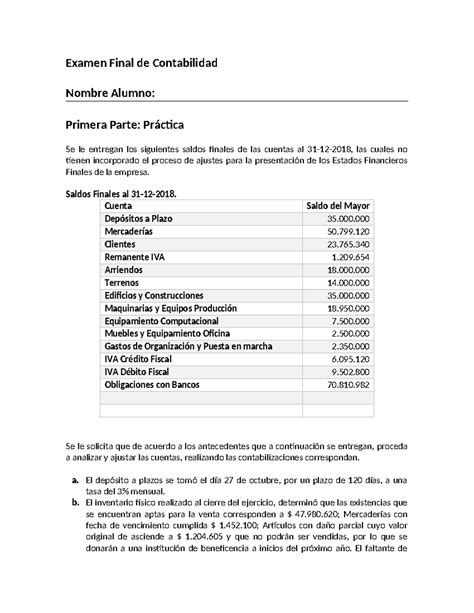 Examen Final De Contabilidad Examen Final De Contabilidad Nombre