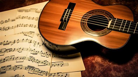 Elegant Chic Classical Guitar And Sheet Music Resting On A Gray