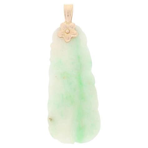 Carved Jadeite Pendant K Yellow Gold Botanical Design For Sale At