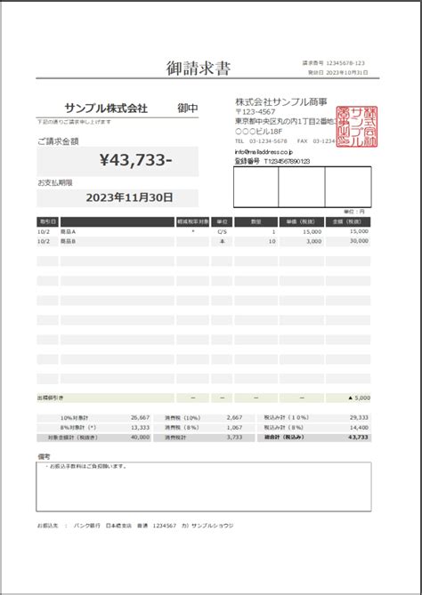 インボイス制度対応の請求書excelテンプレート（無料） ー 適格請求書 Excel請求書テンプレート