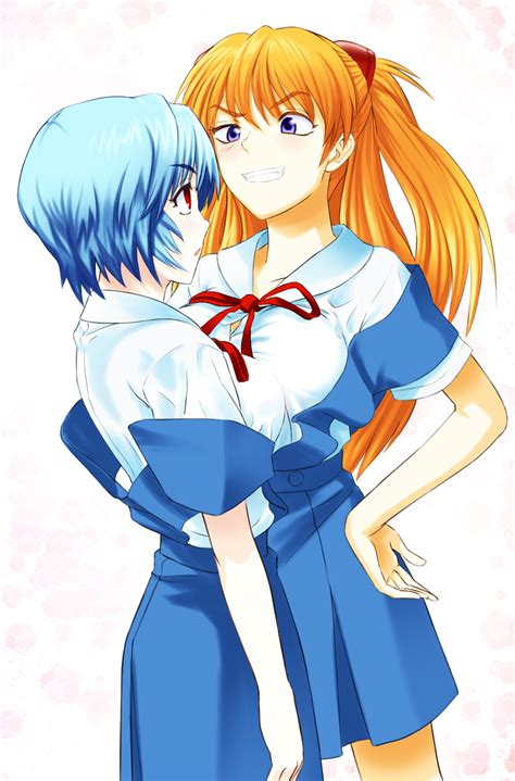 The Big Imageboard Tbib 2girls Asymmetrical Docking Ayanami Rei Blue Eyes Blue Hair Breast