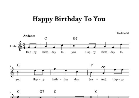 Happy Birthday To You For Flute C Major With Chords And Lyrics