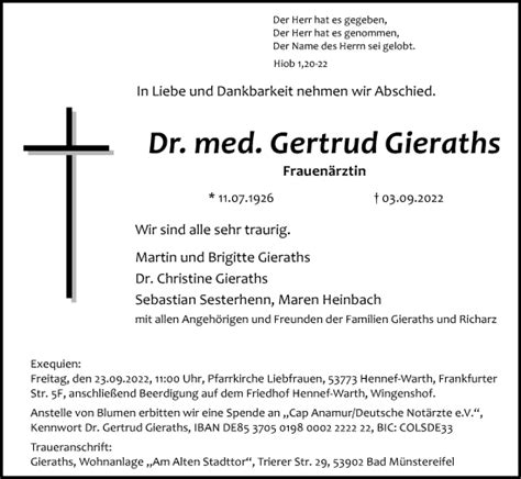 Traueranzeigen Von Gertrud Gieraths Wirtrauern