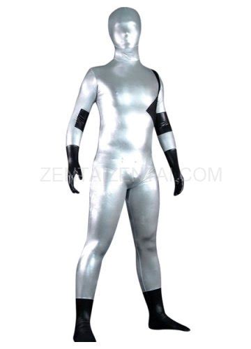 Silver And Black Shiny Metallic Lycra Spandex Morph Zentai Suit