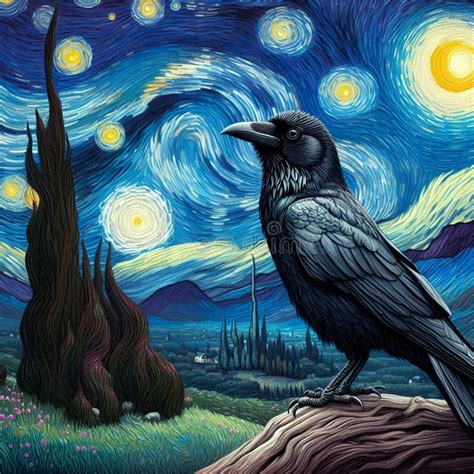 A Digital Painting Art of Van Gogh Style, a Crow on a Wood in a Moonlit ...