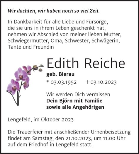 Traueranzeigen Von Edith Reiche Abschied Nehmen De