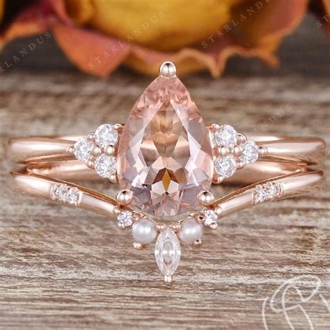 Ct Pear Shaped Morganite Ring Rose Gold Bridal Set Cluster Etsy