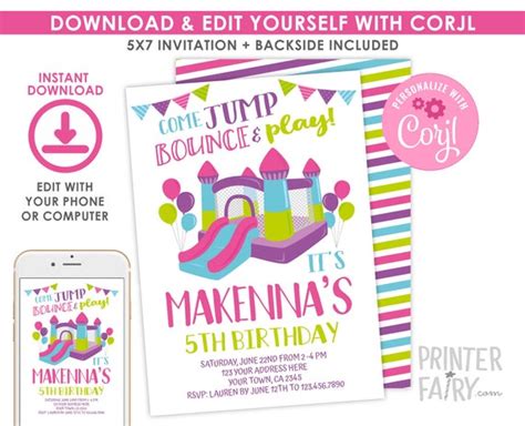 Jump Invitation Editable Trampoline Birthday Party Bounce House