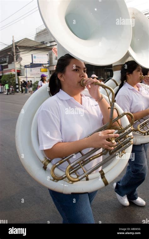 Young Woman Plays Sousaphone In Marching Band Parade Chiang Mai Flower