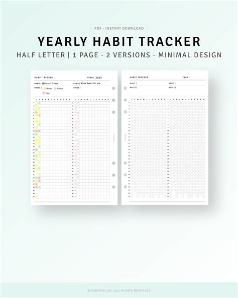 Yearly Habit Tracker Printable Half Letter Inserts A Year In Pixel