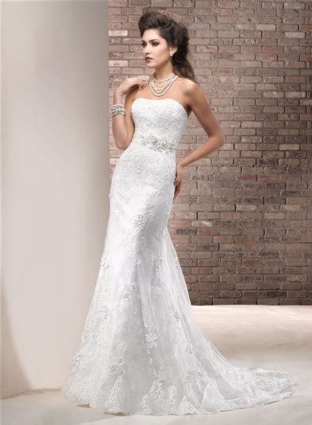 Fitted Sheath Strapless Lace Wedding Dress With Swarovski Crystals Sash