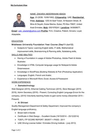 Resume By Mr Zakaria Abada Pdf