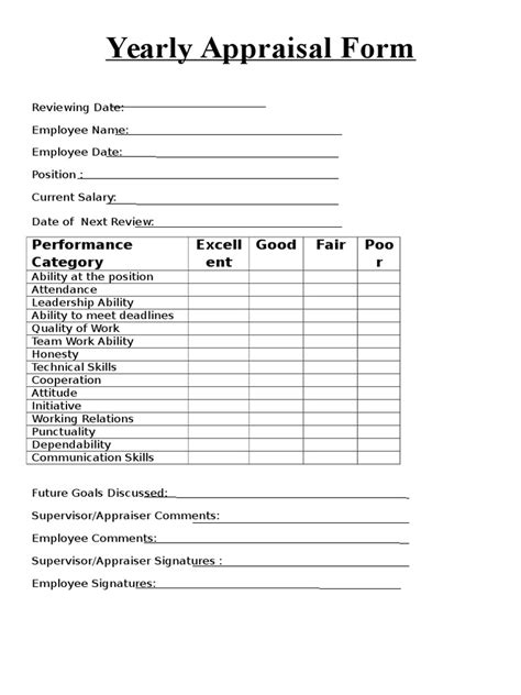 Yearly Appraisal Form Performance Category Excell Ent Good Fair Poo R