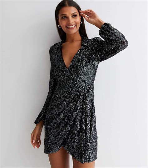 Pewter Sequin Collared Long Sleeve Mini Wrap Dress New Look