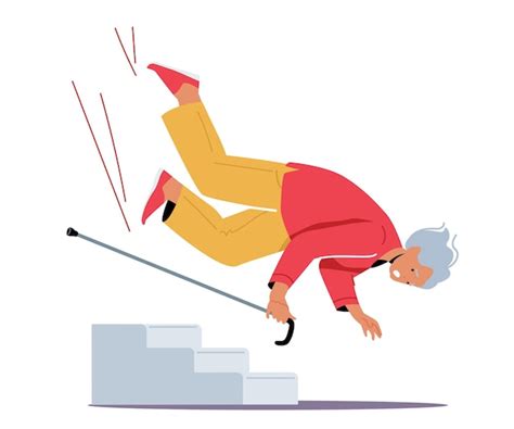 Premium Vector | Senior Female Character with Walking Cane Slip on Stairs Falling Down on the ...