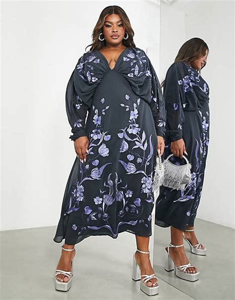 Asos Edition Curve Batwing Chiffon Midi Dress With Floral Embroidery In