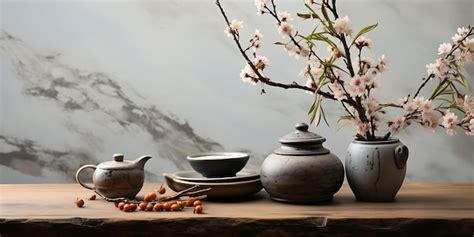 Premium AI Image | Tea ceremony with cherry blossom and teapot on table