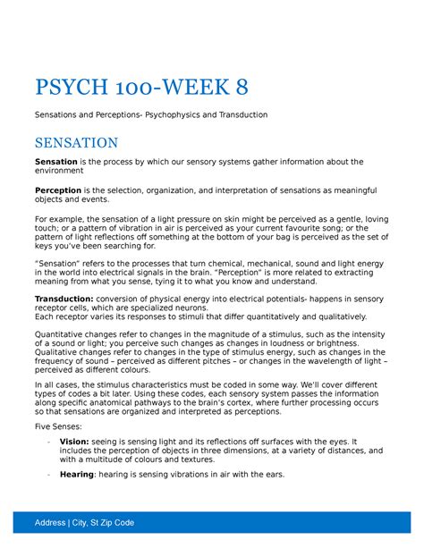 Psych 100 Week 8 Lecture Notes 8 Psych 100 Week 8 Sensations And Perceptions Psychophysics