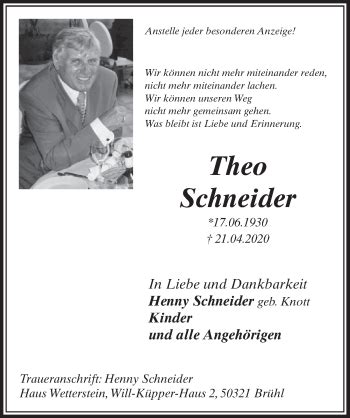 Traueranzeigen Von Theo Schneider WirTrauern