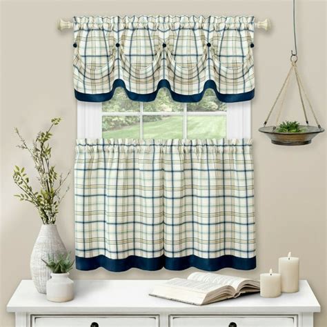 Country Farmhouse Plaid 3 Pc Tattersall Cafe Kitchen Curtain Tier And Valance Set Navy 36 In