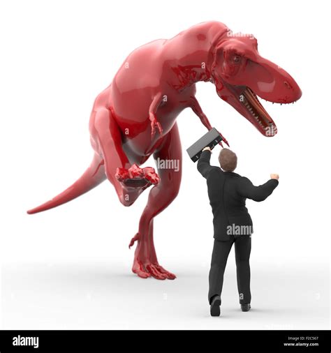 Empresario valiente lucha contra el dinosaurio Fotografía de stock Alamy