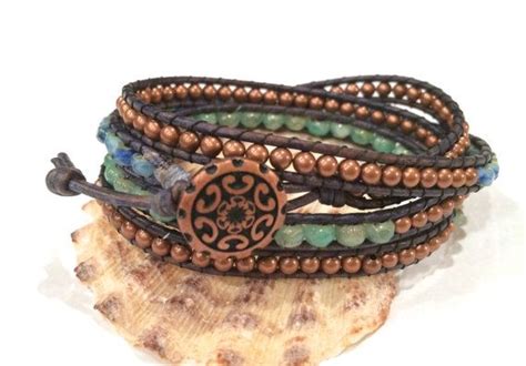 Copper Wrap Bracelet X Boho Beaded Leather Wrap Green And Etsy