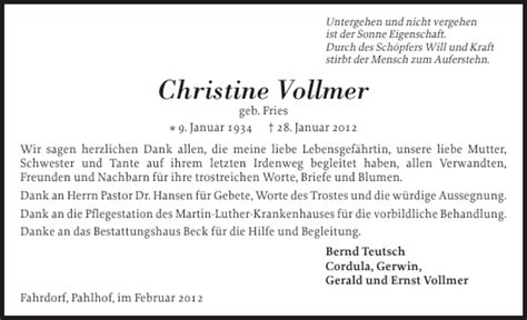 Traueranzeigen Von Christine Vollmer Sh Z Trauer