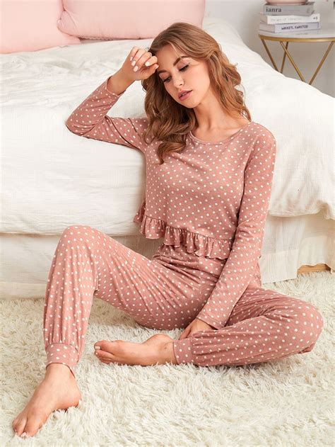 Dusty Pink Cute Long Sleeve Polyester Polka Dot Pant Sets Embellished