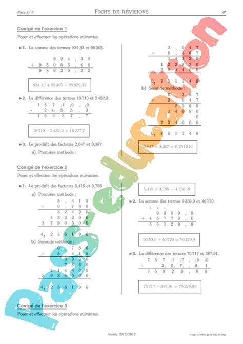 Poser Des Opérations 6ème Exercices Corrigés Mathématiques