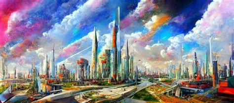 Premium AI Image | A painting of a futuristic city with a sky background.