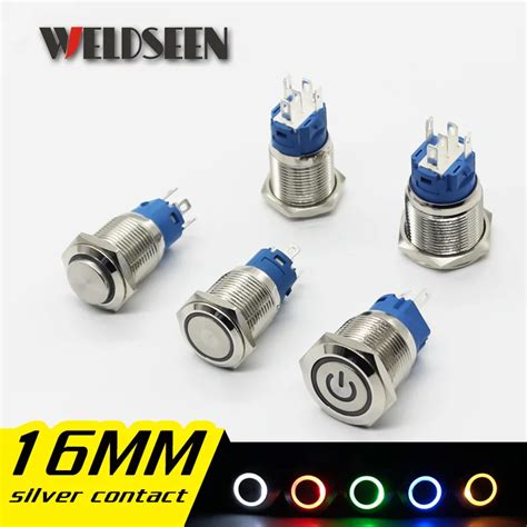 16mm Metal Push Button Switch LED Light 12V 24V 36V 48V 110V 220V Self