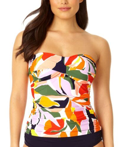 Anne Cole Womens Twist Front Shirred Bandeau Tankini Swim Top Palm Party Size M Ebay