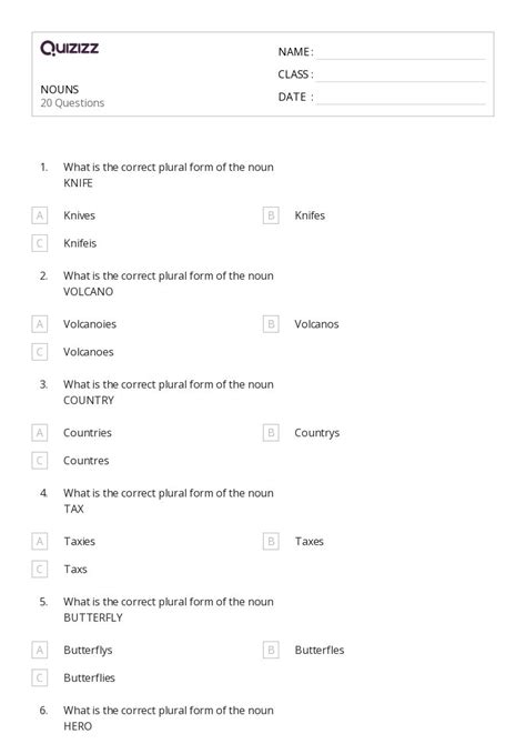 50 Nouns Worksheets For 6th Class On Quizizz Free And Printable