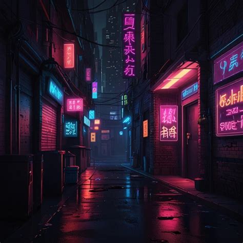 A Dark Alley With A Neon Sign That Says Chinese Premium Ai Generated