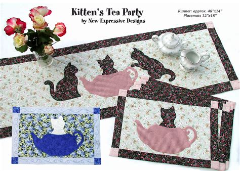 Cat Table Runner Placemats Quilt Pattern Kittens Tea Party Fusible Applique Digital Download