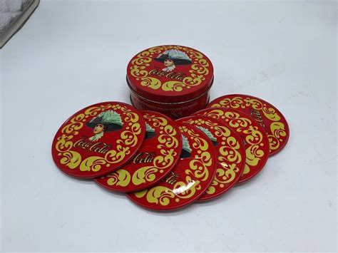 Vintage 6 Coca Cola Coaster Set In Tin Red Lady Metal Cork Bottom