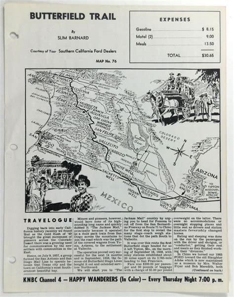 1960's BUTTERFIELD STAGE Overland Mail Trail Route Chino Vallecito Ford Map | Travelogue ...