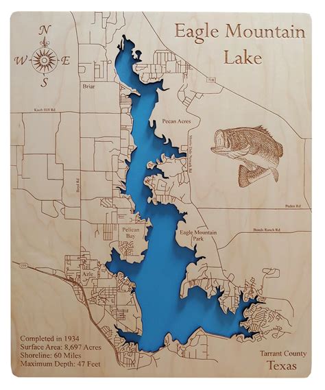 Eagle Mountain Lake Texas Laser Cut Wood Map Personal Handcrafted