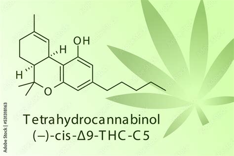 Tetrahydrocannabinol molecular structure on green with leaf illustration background ...