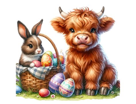 Easter Highland Cow Clipart Easter Bunny Png Easter Watercolor Baby